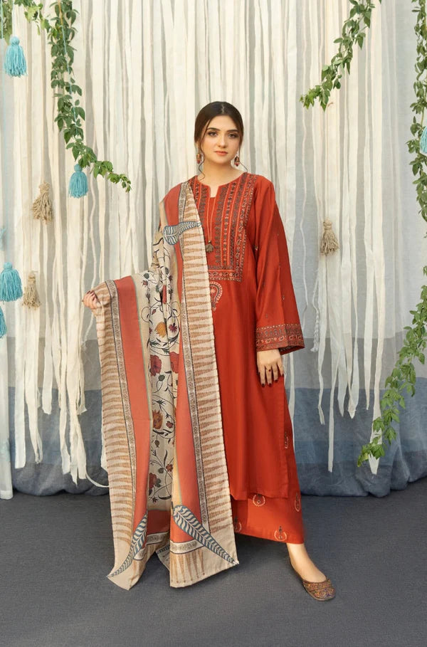 3PC EMBROIDERED DHANAK DRESS BS - 316