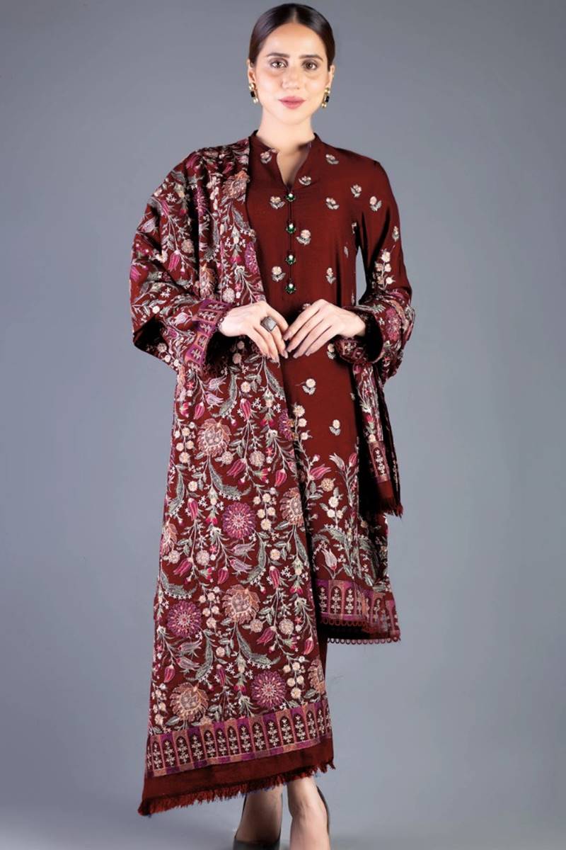 3PC EMBROIDERED DHANAK DRESS  BS- 307