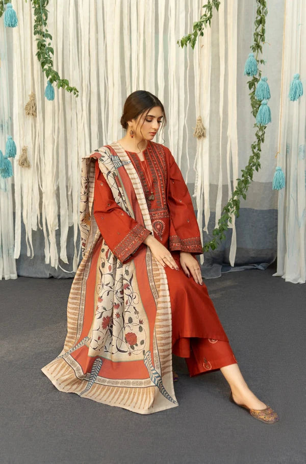 3PC EMBROIDERED DHANAK DRESS BS - 316